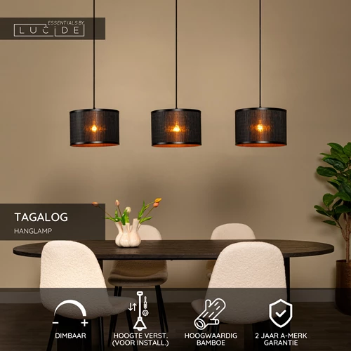 Lucide TAGALOG - Hanglamp - Ø 40 cm - 3xE27 - Zwart | Essential - USP